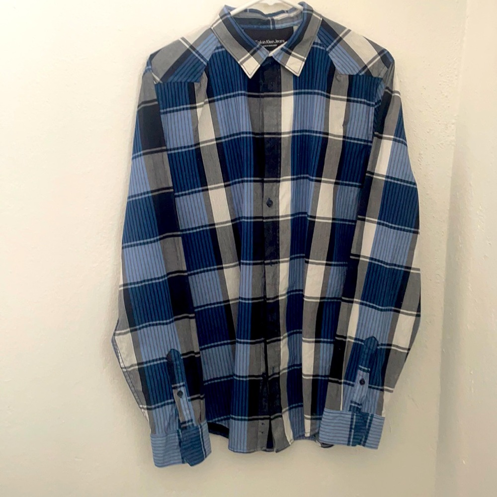 Calvin Klein Long Sleeve Blue Plaid Shirt Medium